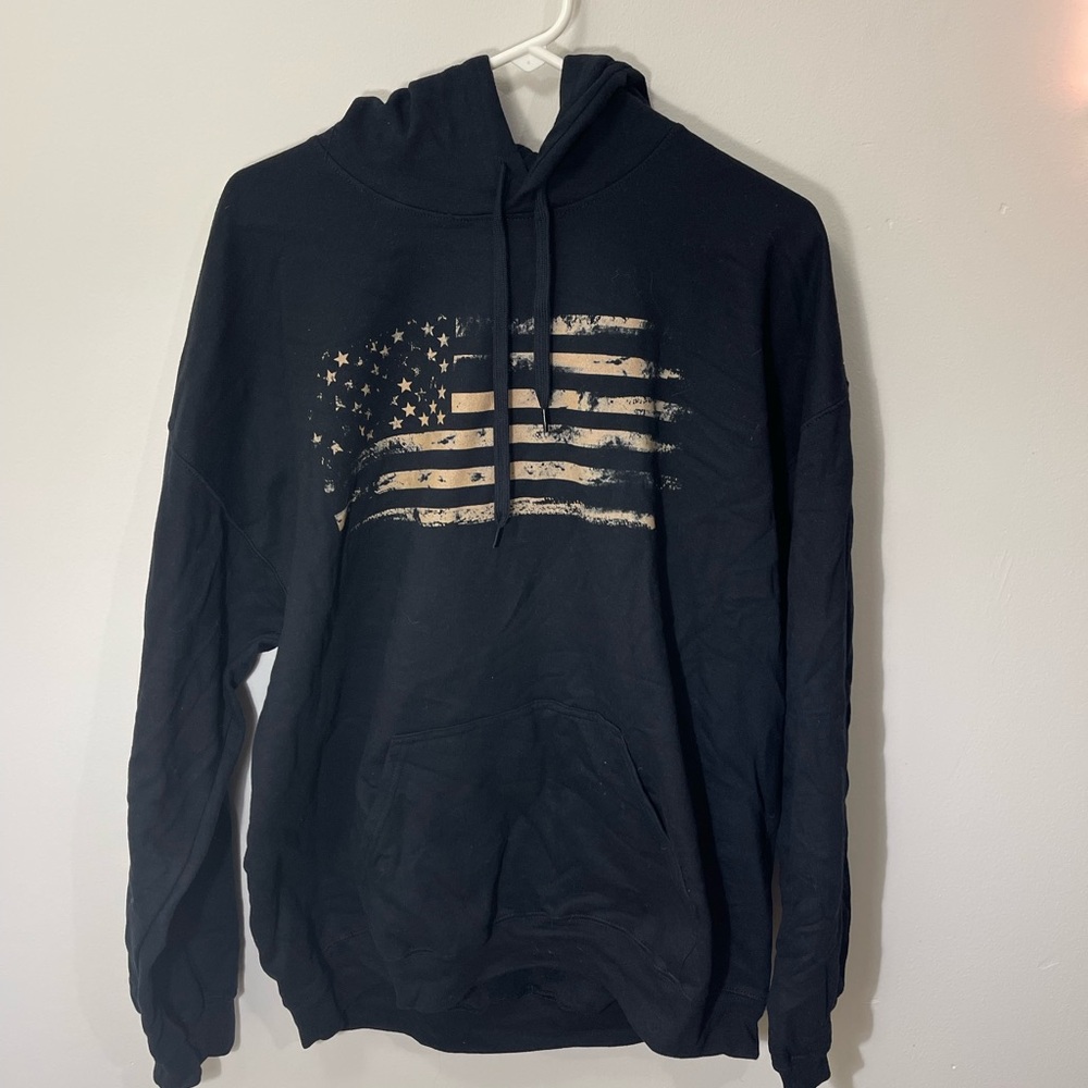 Distressed American Flag Patriotic Cotton Hoodie Size  XL Black Brown